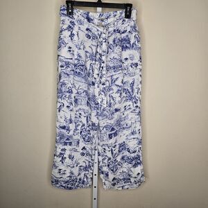 JOIE 100% Linen S White Blue Wide Leg Cropped Pants Tropical Floral Birds Horse